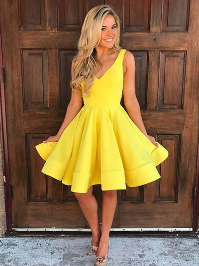 Cute A Line V Neck Open Back Yellow Short Homecoming Dresses with Pockets, Short Prom Dresses Under 100