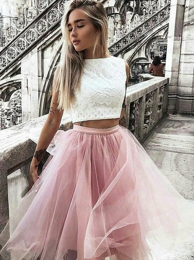Cute A Line Bateau Neck White and Pink Short Homecoming Dresses, Two Piece Tulle Short Dresses