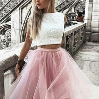 Cute A Line Bateau Neck White and Pink Short Homecoming Dresses, Two Piece Tulle Short Dresses - Thumbnail 1