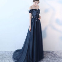Blue tulle lace long pro dress, blue evening dress - Thumbnail 1