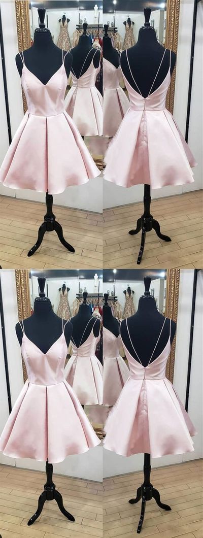 Simple A-Line V Neck Spaghetti Straps Open Back Blush Pink Satin Homecoming Dresses Short Under 100