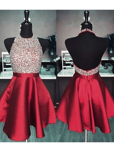 Halter Red Open Back Short Homecoming Dress with Pockets,Beading Sparkly Party Dresses