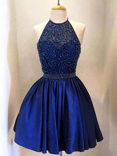 Halter Royal Blue Sparkly Short Homecoming Dress, Beading Short Party Dresses