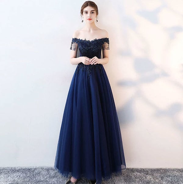 Blue Tulle Beads Long Prom Dress, Blue Evening Dress