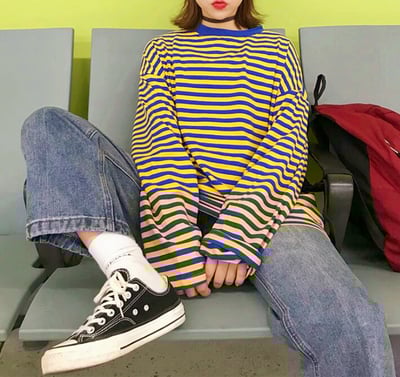 Yellow Blue Color Block Stripe T-shirt
