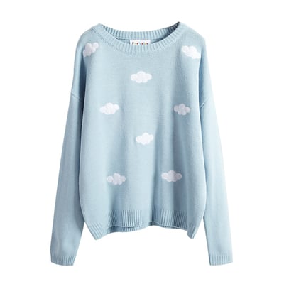 Autumn winter cloud embroidery round neck pullover long sleeve white blue pink sweater