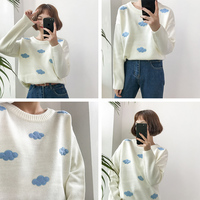 Autumn Winter Cloud Embroidery Round Neck Pullover Long Sleeve White Blue Pink Sweater - Thumbnail 2