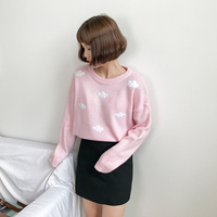 Autumn Winter Cloud Embroidery Round Neck Pullover Long Sleeve White Blue Pink Sweater - Thumbnail 4