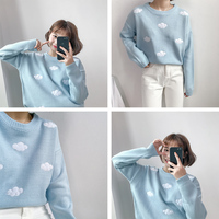 Autumn Winter Cloud Embroidery Round Neck Pullover Long Sleeve White Blue Pink Sweater - Thumbnail 3