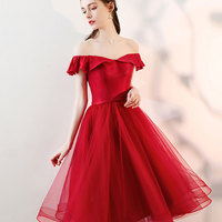 Burgundy tulle short prom dress, burgundy tulle bridesmaid dress,99 - Thumbnail 1