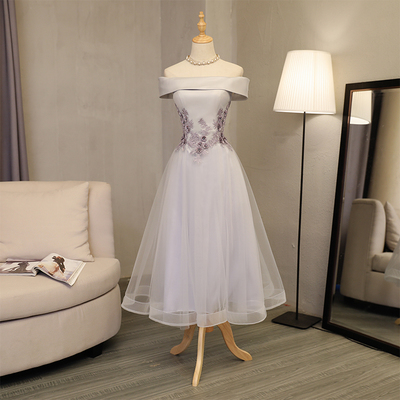 Gray a line off shoulder short prom dress, homecoming dress, of girl dresses,104 - Thumbnail 4