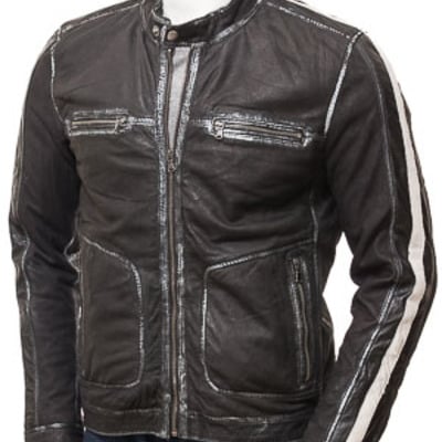 Mens biker vintage motorcycle quilted distressed black, white strip leather jackets - Thumbnail 4