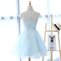 Blue lace tulle short prom dress, homecoming dress - Thumbnail 4