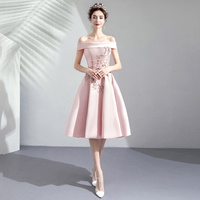 Pink satin lace short prom dress, homecoming dress - Thumbnail 1