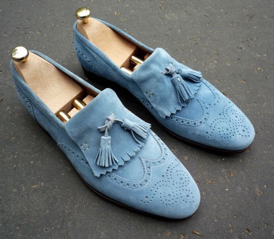 Men's Sky Blue Tassel Loafer Wing Tip Brogue Toe Genuine Suede Leather Shoes US-Size : 10.5