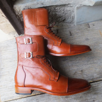 Handmade Men's Tan Color Ankle High Double Monk Lace Up Leather Cap Toe Boots - Thumbnail 2