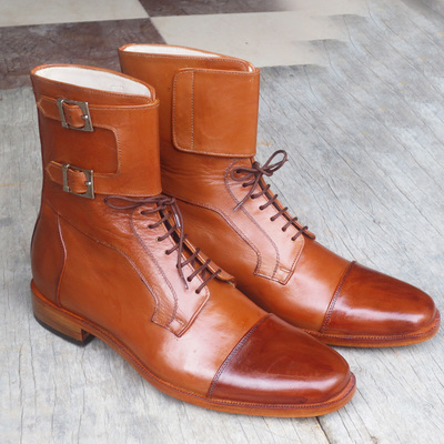 Handmade men's tan color ankle high double monk lace up leather cap toe boots - Thumbnail 2