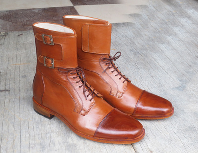 Handmade Men's Tan Color Ankle High Double Monk Lace Up Leather Cap Toe Boots