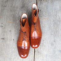 Handmade Men's Tan Color Ankle High Double Monk Lace Up Leather Cap Toe Boots - Thumbnail 3