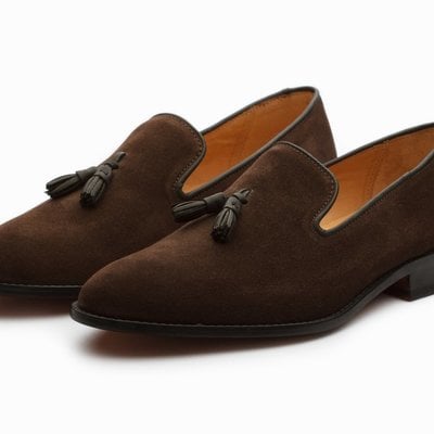 Handmade dark brown suede loafer slipper dress men's moccasin tussles shoes - Thumbnail 3