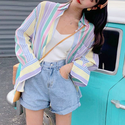 Pastel color block stripe blouse shirt