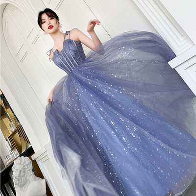 Blue tulle long prom dress, blue evening dress - Thumbnail 5