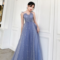 Blue tulle long prom dress, blue evening dress - Thumbnail 2