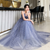 Blue tulle long prom dress, blue evening dress - Thumbnail 3