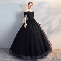 Black tulle lace long prom gown, cheap evening dress - Thumbnail 1