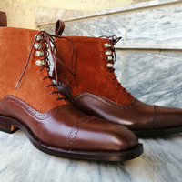 Handmade Men's Brown Color Ankle High Lace Up Leather Suede Cap Toe Boots - Thumbnail 1