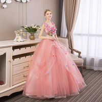 Pink v neck tulle applique long prom gown, evening dress - Thumbnail 1