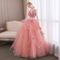 Pink v neck tulle applique long prom gown, evening dress - Thumbnail 2