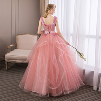 Pink v neck tulle applique long prom gown, evening dress - Thumbnail 3