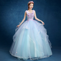 Pink v neck tulle applique long prom gown, evening dress - Thumbnail 4