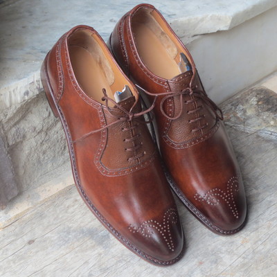 Handmade brown brogue lace up pebbled leather shoes, stylish dress formal shoes - Thumbnail 4