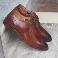 Handmade Brown Brogue Lace Up Pebbled Leather Shoes, Stylish Dress Formal Shoes - Thumbnail 1