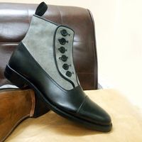 Handmade Black Gray Button Top Leather Suede Cap Toe Boot - Thumbnail 1