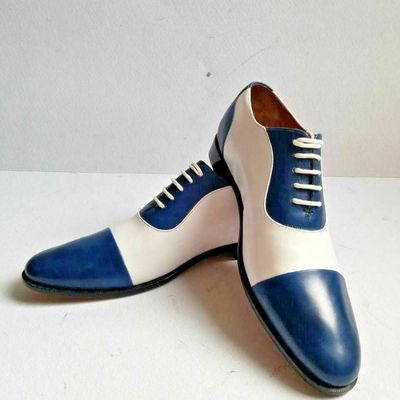 Handmade blue white lace up leather shoes, cap toe dress formal shoes - Thumbnail 3