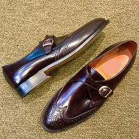 Handmade Maroon Monk Strap Leather Shoes, Wing Tip Brogue Formal Shoes - Thumbnail 1