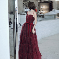 Shiny burgundy tulle sequins long prom dress, evening dress - Thumbnail 1