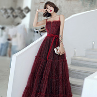 Shiny burgundy tulle sequins long prom dress, evening dress - Thumbnail 2