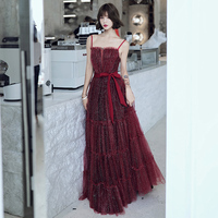 Shiny burgundy tulle sequins long prom dress, evening dress - Thumbnail 3
