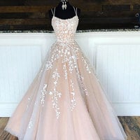 Champagne tulle lace long gown, lace evening dress - Thumbnail 2