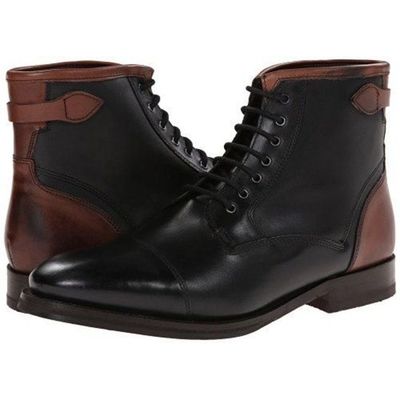 Handmade black brown leather boot, men's lace up cap toe ankle high boot - Thumbnail 4