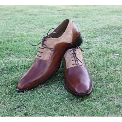 Handmade brown beige suede leather shoes, men's derby lace up dress shoes - Thumbnail 4
