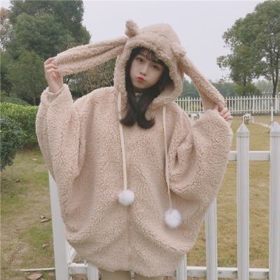 Flannel kawaii sweet bunny ears winter coat hoodies