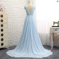 Light blue v neck chiffon long prom dress, evening dress - Thumbnail 1