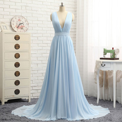 Light blue v neck chiffon long prom dress, evening dress - Thumbnail 5