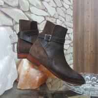Handmade Brown Leather Suede Boot, Men's Jodhpurs Buckle Ankle High Boot - Thumbnail 1