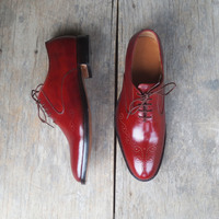 Handmade Burgundy Color Leather Shoes, Men's Brogue Lace Up Dress Shoes - Thumbnail 1